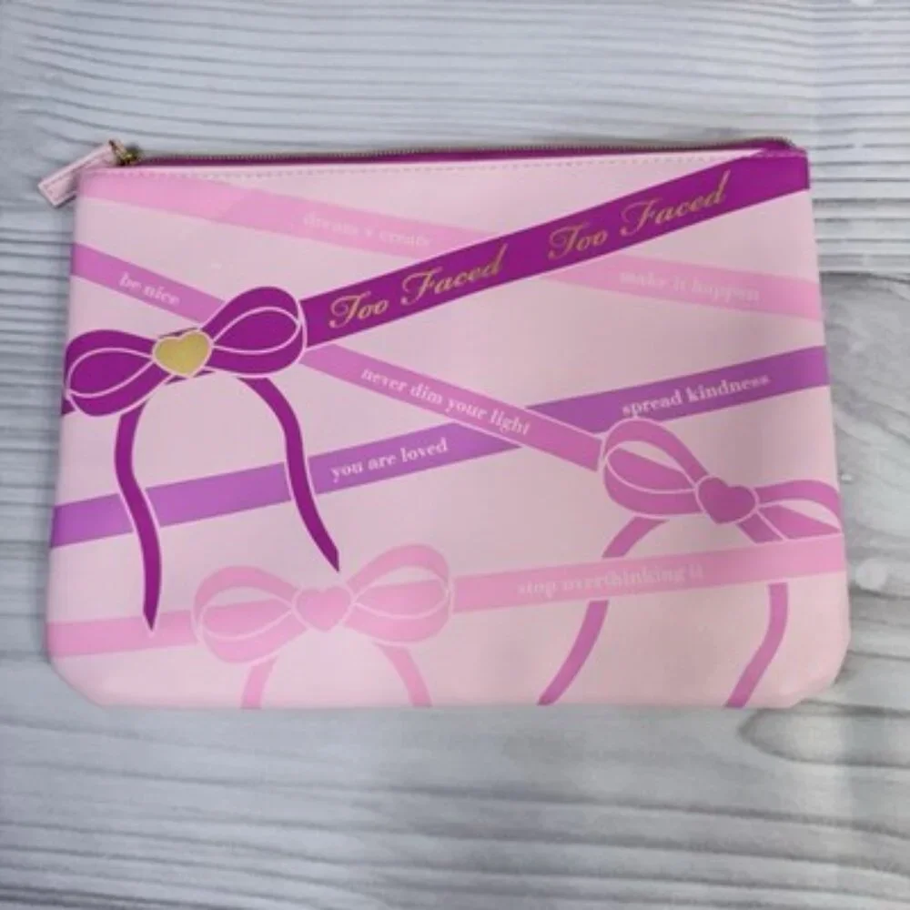 Too Faced Pink Cosmetic Makeup Bag Zip Pouch Bow Design Affirmations